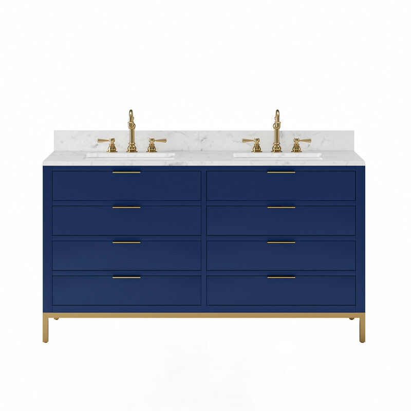 Bristol 60 In. Double Sink Carrara White Marble Countertop Bath Vanity in Monarch Blue