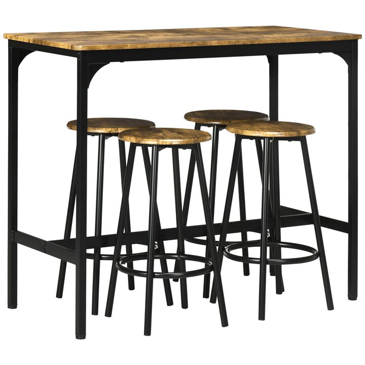 5-Piece Bar Table and Chairs Set, Industrial Space Saving Dining Table and 4 Round Bar Stools with Metal Frame for Pub, Dining Room, Rustic Brown