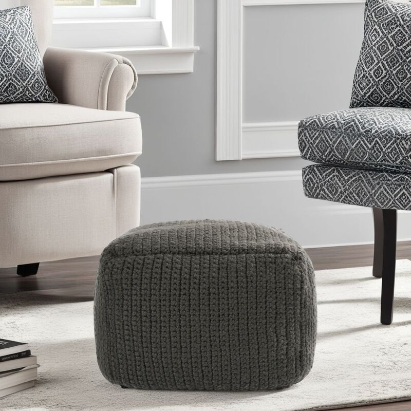 Square Pouf Ottoman, 18 Inch Handwoven Knitted Dark Gray Polyester - Benzara