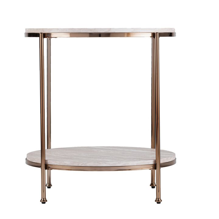 Homezia 24" Champagne Faux Marble And Iron Round End Table With Shelf