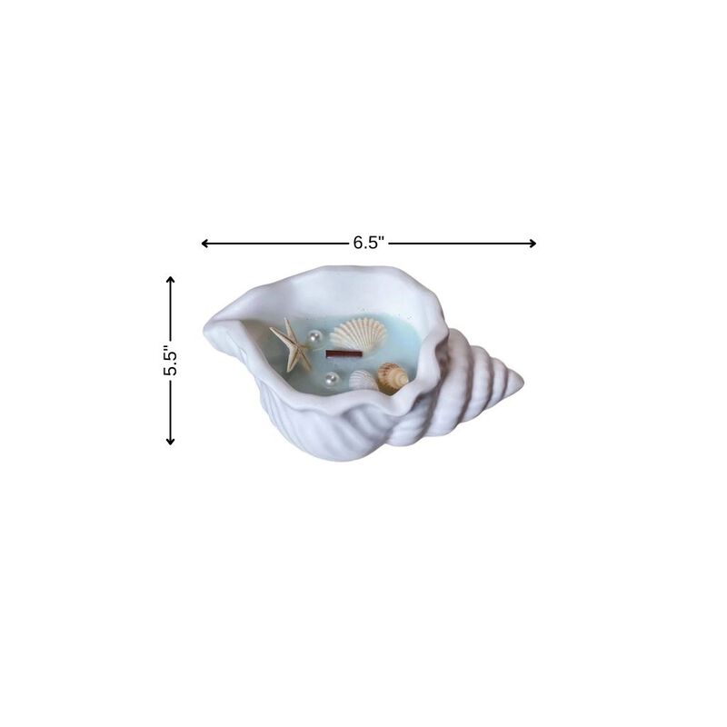HomeRoots 6" Unscented Soy Wax Candle In White Resin Novelty Holder With Seashells image number 3