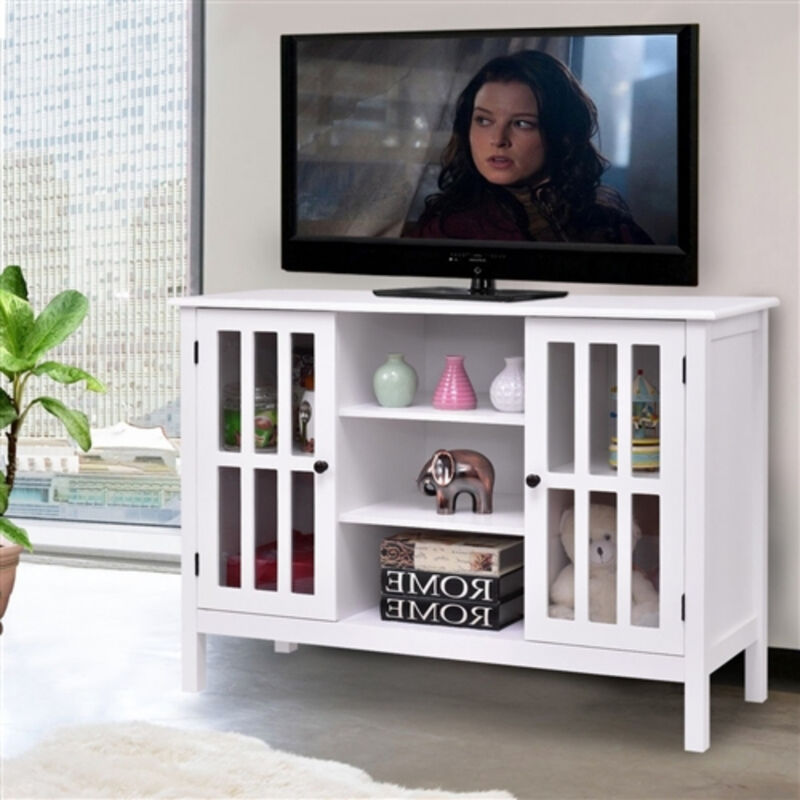 Wooden TV Stand with Glass Panel Doors for Living Room or Entertainment Center