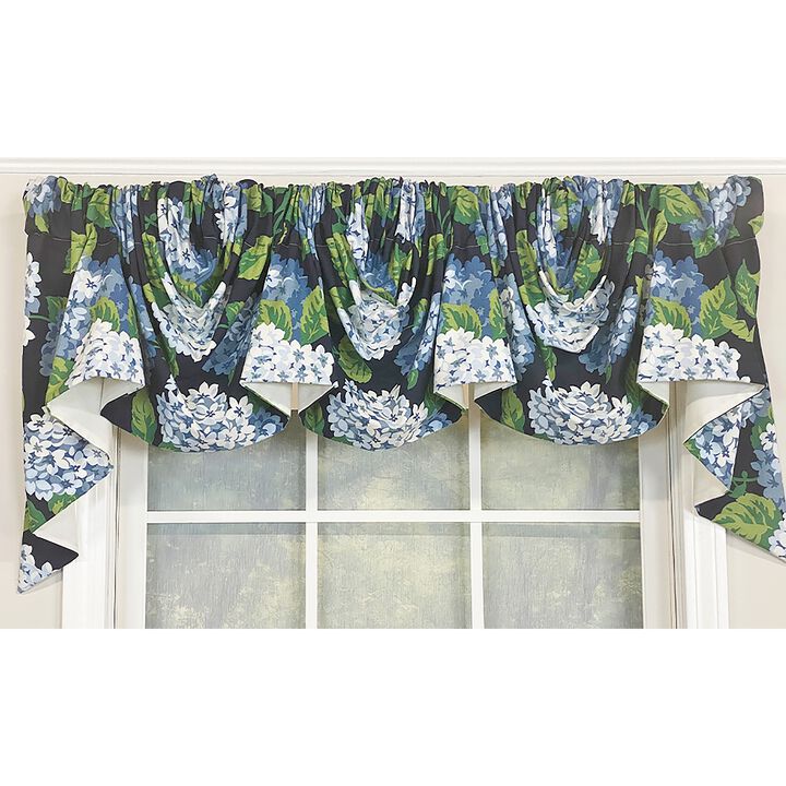 RLF Home Hydrangea Empire Valance Navy 3-Scoop. 64"W x 25"L For windows up to 60"W