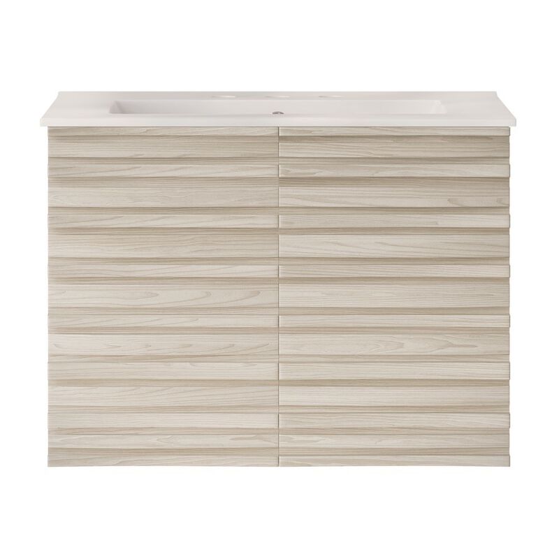 30" Wall-Mounted Bathroom Vanity in White Oak with 3-Hole Widespread Sink Top image number 0