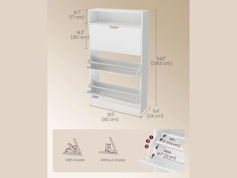 Shoe Storage Cabinet Flip Drawer Adjustable Shelves White Vasagle image number 2