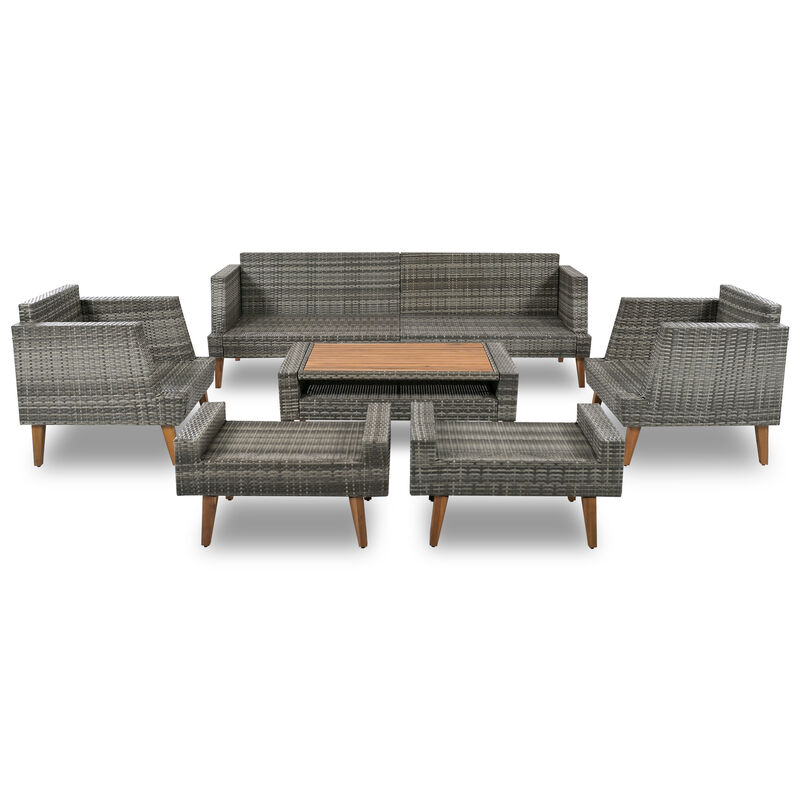 Whisen 6-Pieces All Weather PE Wicker Sofa Set, Outdoor Rattan sofa With Double Cushions