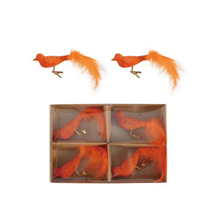 Artisan Glass & Feather Clip-on Bird Ornaments, Set of 4 in Orange