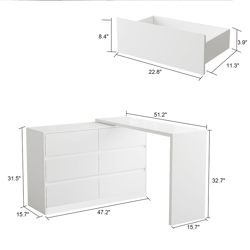 6-Drawer L-Shaped Chest of Drawers Cabinet with Rotatable Desktop 47.2 in. W x 51.2 in. D x 32.7 in. H