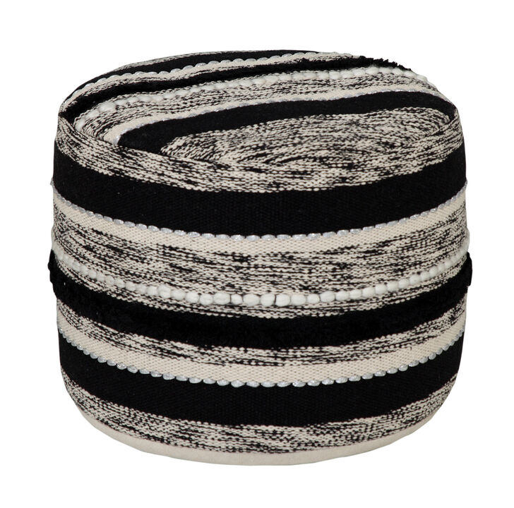 Hivvago 18 Inch White Cotton Cylinder Striped Pouf Ottoman