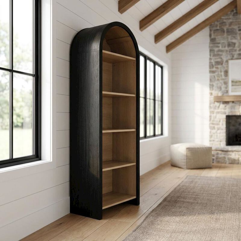 Arched Narrow Bookcase,Display Cabinet with Open Shelves Storage Cabinet, Black image number 4