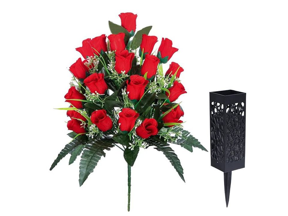 Red Artificial Rose Flower Stems Outdoor Vase Filler 2 Cemetery
