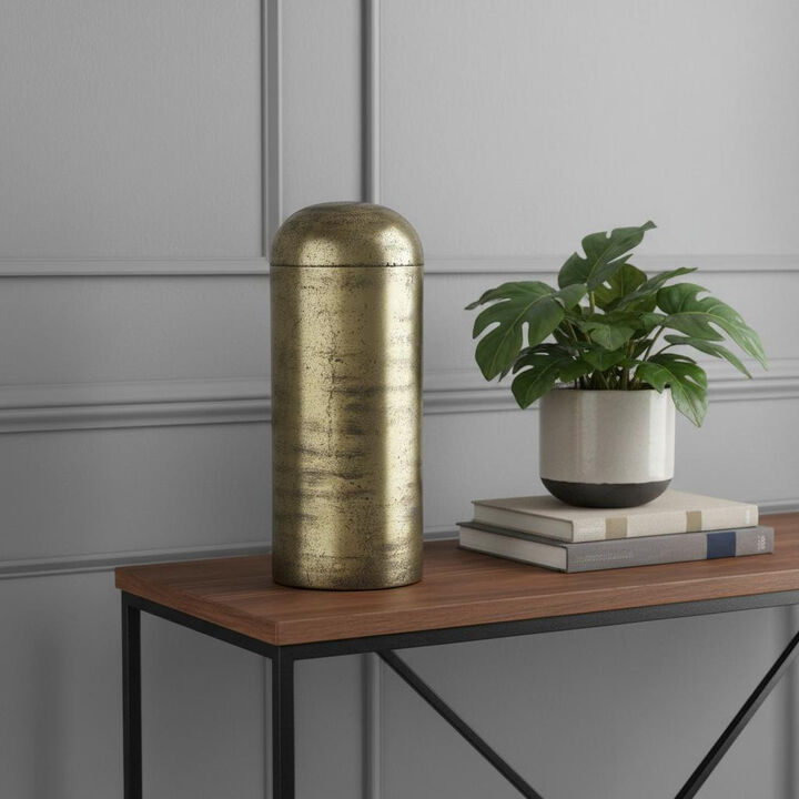 HomeRoots 15" Antiqued Brass Cast Aluminum Cylindrical Tabletop Sculpture