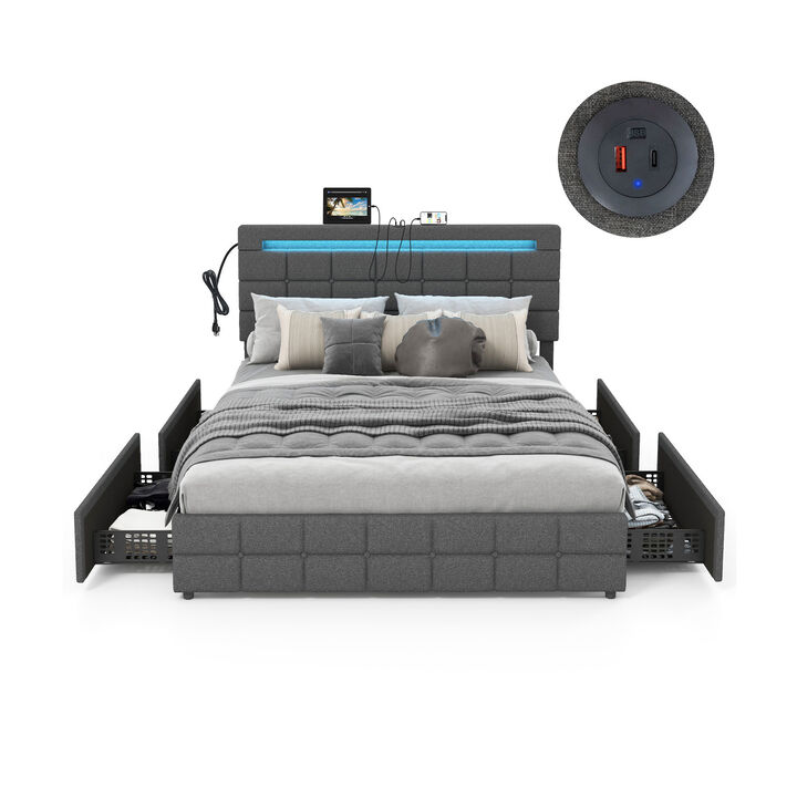 Upholstered LED Bed Frame with Headboard and 4 Drawers