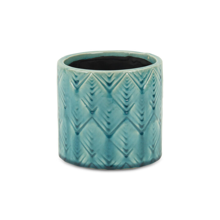 HomeRoots Turquoise Ceramic 22 Ounce Geometric Round Distressed Pot Planter