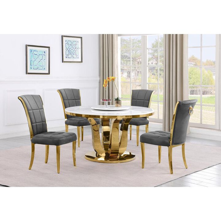 5pc White marble round dining set with gold base and 4 Dark Grey side chairs
