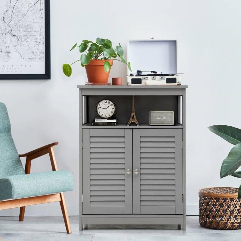 Hivvago Black Farmhouse Bathroom Linen Cabinet with Louvered Doors and Open Shelf