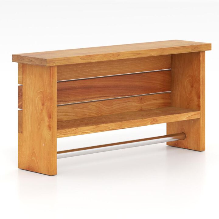 Hivvago Wall-Mounted 2-Tier Solid Teak Wood Bathroom Shelf with Towel Bar