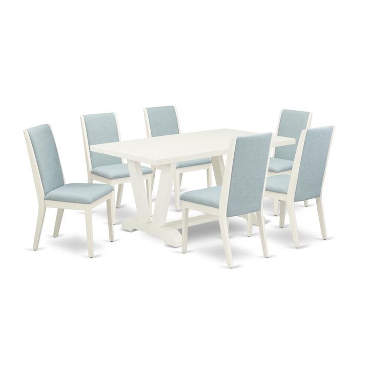 East West Furniture V026LA015-7 7Pc Wood Dining Table Set Contains a Wood Table and 6 Parsons Dining Room Chairs with Baby Blue Color Linen Fabric, Medium Size Table with Full Back Chairs, Wirebrushed