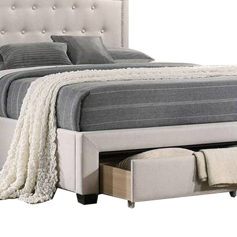 Buk Upholstered Tufted Queen Bed with Storage, Nailhead Trim, Ivory Burlap  - Benzara