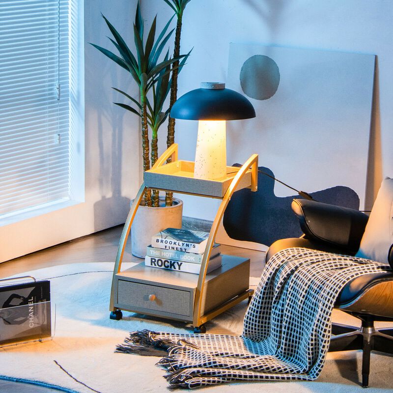 Modern 2-Tier Rolling End Table with Tray Top and Pull-Out Drawer-Gray