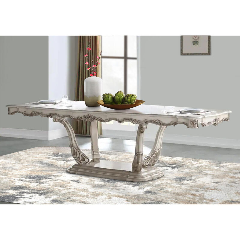 Traditional Style Dining Table with Scrolled Floral Motifs, Cream