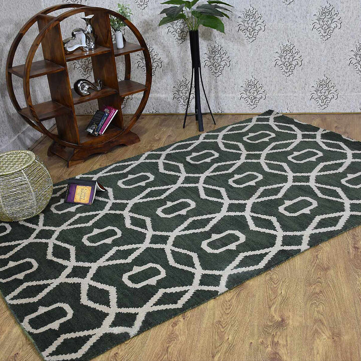 HAND KNOTTED WOOL Geometric AREA RUGS  - Rectangle Shape, Geometric Modern, Medium Pile Handmade Area Rugs for Living Room, Bed Room (N00533)