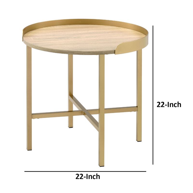 Kai 22 Inch Wood End Table, Round Tray Top, Metal Accent, Brown, Brass-Benzara
