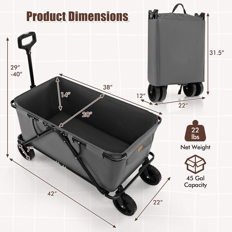 Collapsible Folding Wagon Cart with Adjustable Handle and Heavy-Duty Wheels