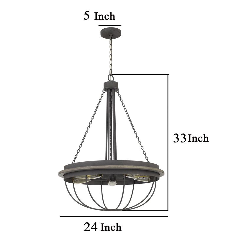 Nexy 24 Inch Chandelier, 5 Light Bulb Sockets, Gray Metal Cage Design - Benzara