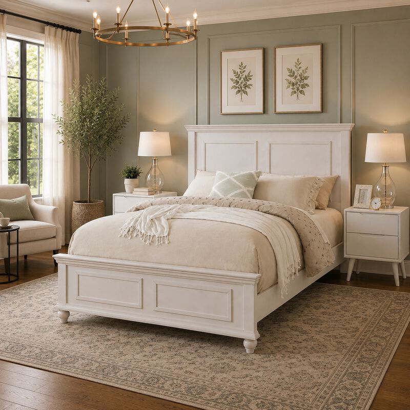 King Bedroom Set, White Wood, 3 Piece Set with 2 Nightstands image number 1