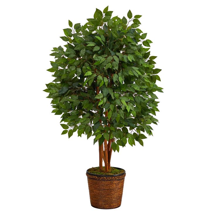 Nearly Natural 5-ft Super Deluxe Artificial Ficus Tree in Wicker Planter