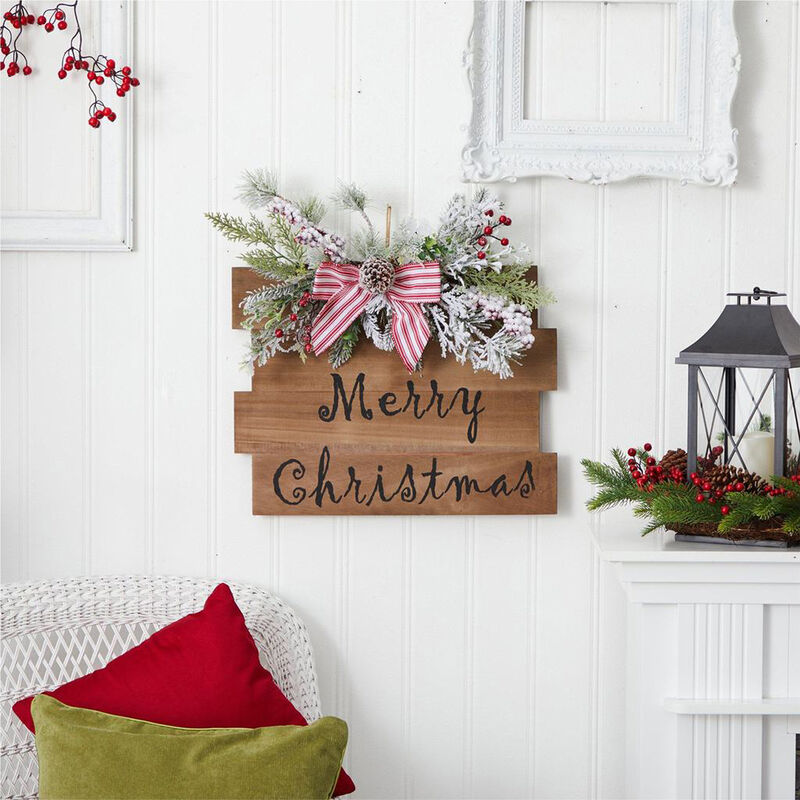 Nearly Natural 20-in Holiday Merry Christmas Door Wall Hanger with Pine and Berries Stripped Bow Wall Art Décor image number 5