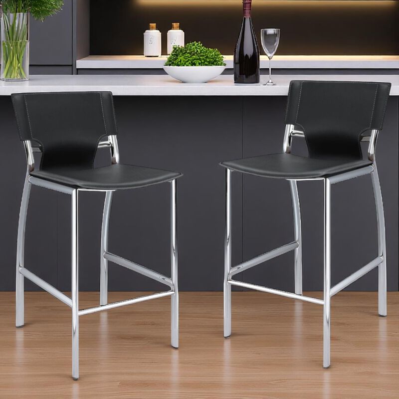 HomeRoots Set of Two 29" Gray and Silver Metal and Faux Leather Low Back Bar Height Bar Chairs