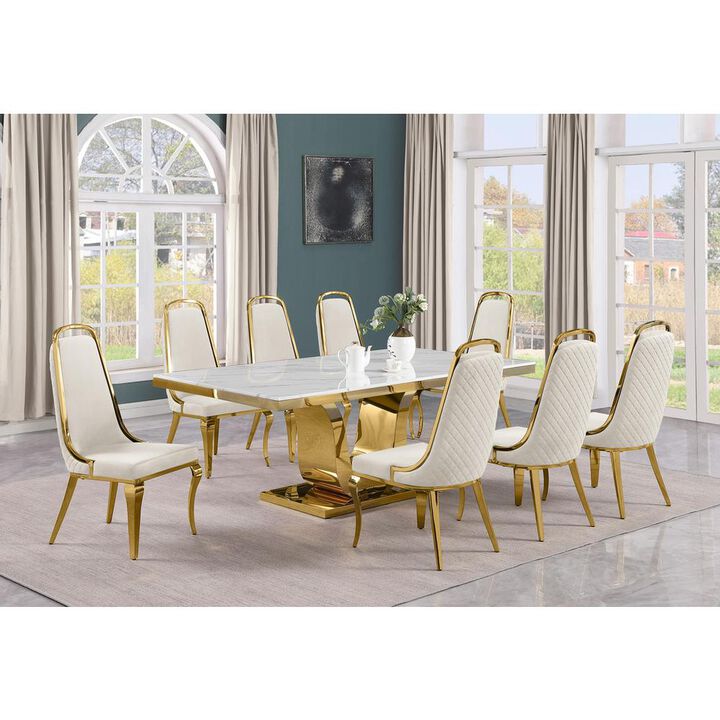 9pc Large(78") marble top dining set with gold base and 8 Cream side chairs