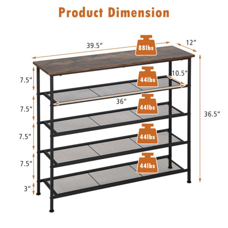 Hivvago Industrial Adjustable 5-Tier Metal Shoe Rack with 4 Shelves for 16-20 Pairs