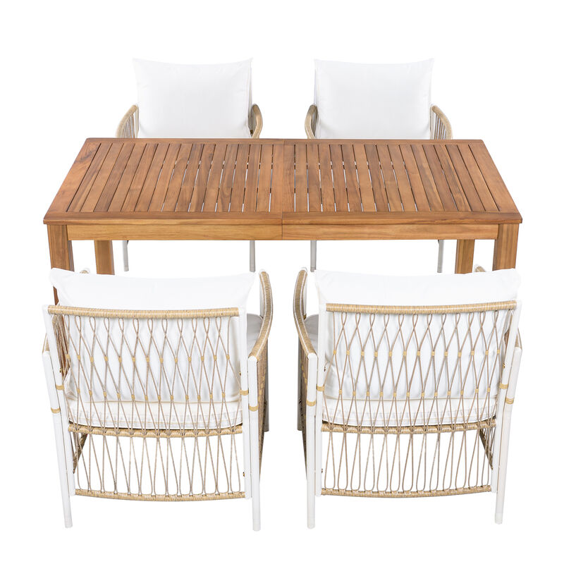 Whisen Outdoor 5-Piece Wooden Dining Set, PE Rattan Arm Chairs, 67'' Rectangular Table for Poolside, Garden image number 8