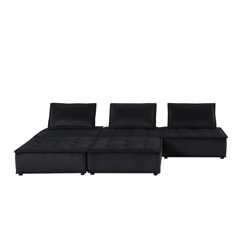 Streamdale Anna Black Velvet 5 Piece Sectional Sofa Ottoman