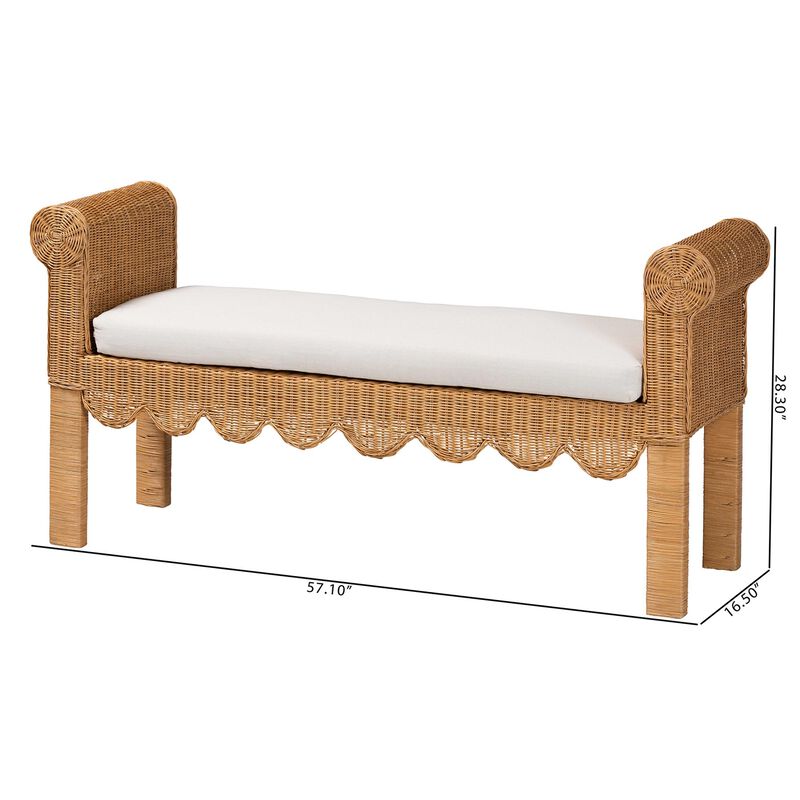 bali & pari Reiko Handwoven Natural Rattan Bench with Scalloped Detailing &ndash; Boho Farmhouse Entryway, Bedroom, or Living Room Accent Seating