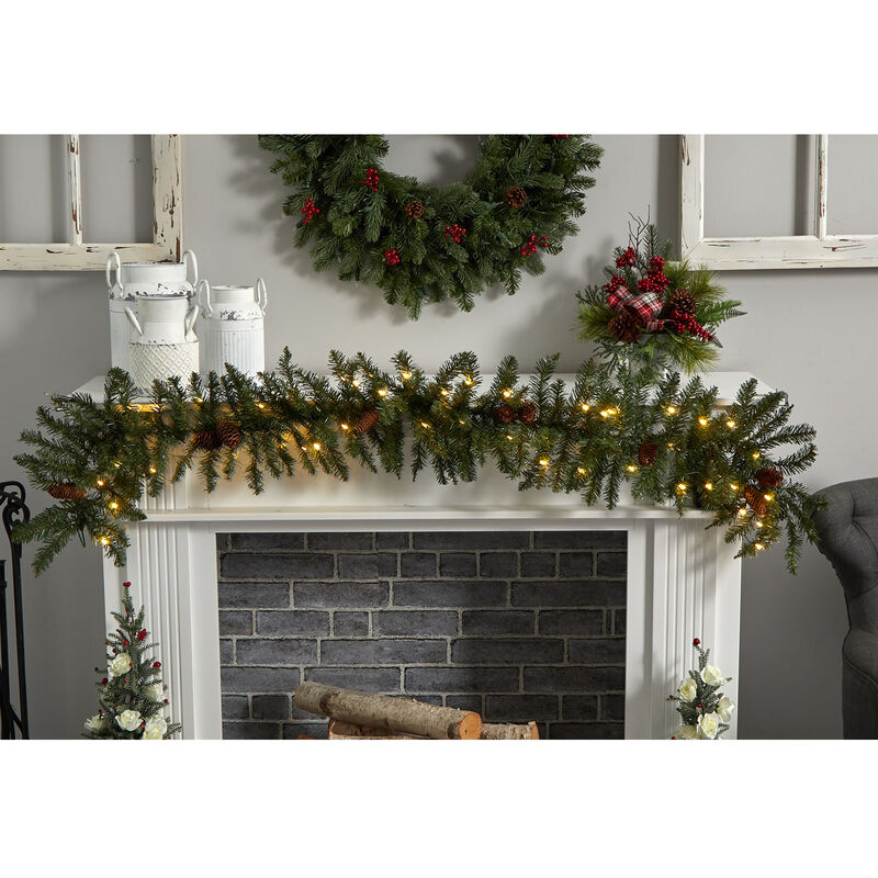 HomPlanti 6' Mixed Alaskan Pines and Pinecones Artificial Christmas Garland 50 Warm White LED Lights