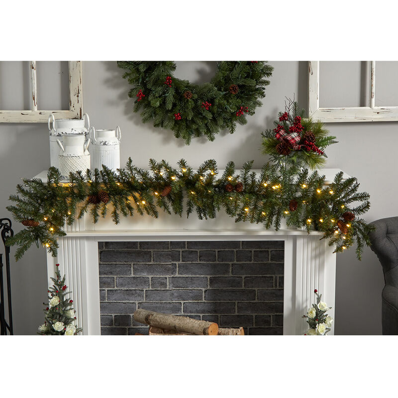 Hivvago 6' Mixed Alaskan Pines and Pinecones Artificial Christmas Garland 50 Warm White LED Lights