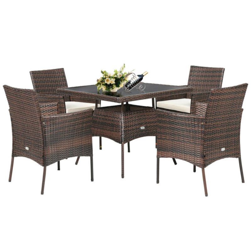 Hivvago 5-Piece Outdoor Wicker Dining Set with Tempered Glass Table and Ergonomic Armchairs
