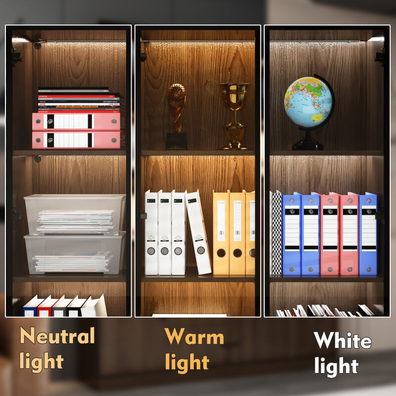 FUFU&GAGA 141.7" Woodgrain 6 Storage Cabinet with 9 Glass Doors & 6 Drawers, Tri-Color LED Lighting, Black Aluminum Frame (141.7 in. W x 15.7 in. D x 78.7 in. H) image number 6