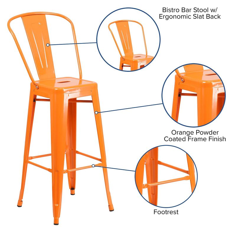 Flash Furniture Commercial Grade 30" High Orange Metal Indoor-Outdoor Barstool with Removable Back