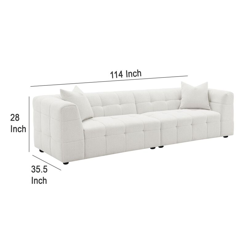 Lopo 114 Inch Long Sofa, Grid Tufted Off White Fabric 2 Accent Pillows