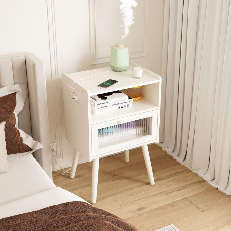 Mid Century Modern Nightstand with Charging Station, Bedside Tables with Glass Drawer, End Table Side Table with 2 Tiers Storage