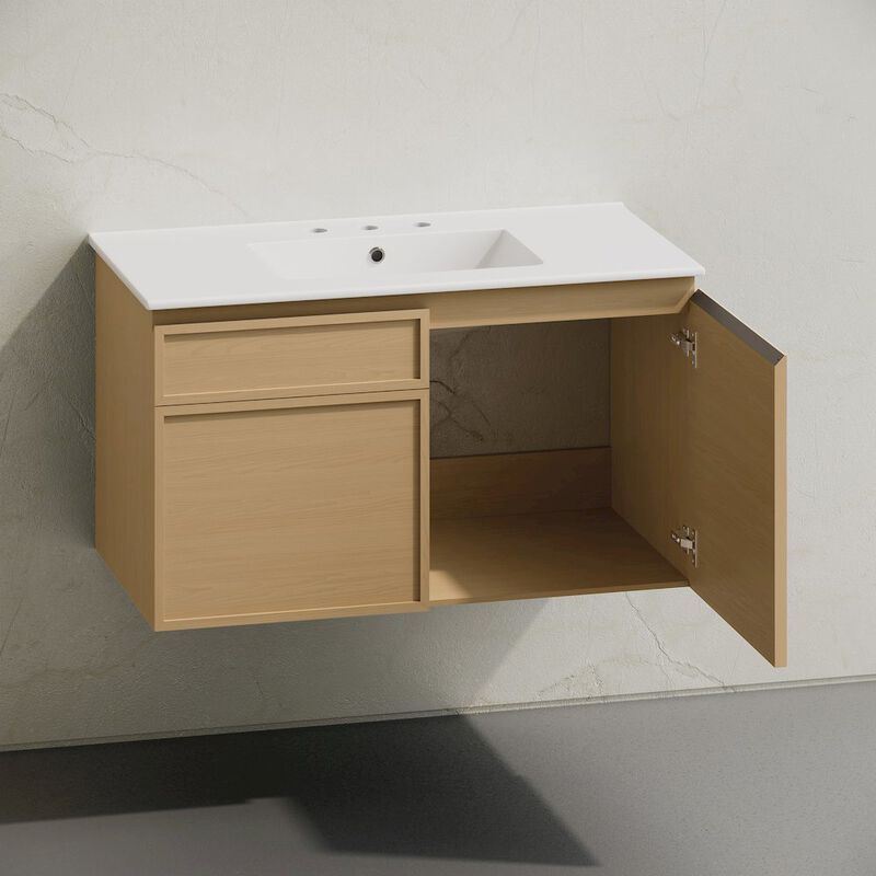 36" Wall-Mounted Bathroom Vanity in Natural Oak with 3-Hole Widespread Sink Top image number 3