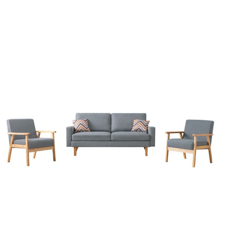 Gala 3 Piece Sofa and Chairs Set, Light Gray Fabric, 2 Pillows, Brown Wood-Benzara