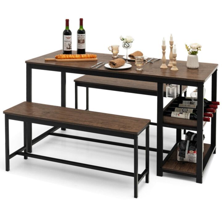 Hivvago 3 Pieces Dining Table Set for 4 with Wine Rack-Brown