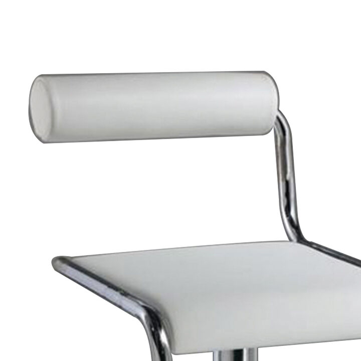 25-29 Inch Barstool Chair, Adjustable, White Faux Leather, Chrome Metal - Benzara