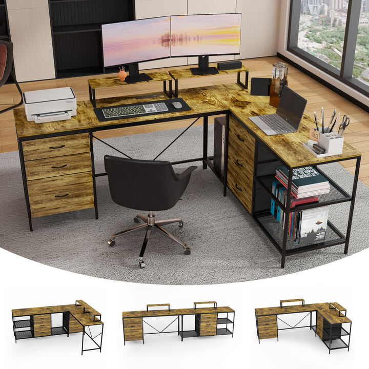 GOODSILO Industrial L-Shaped Office Desk with Power Hub and Storage